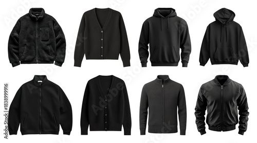 PNG Variety of black outerwear displayed, element set on transparent background