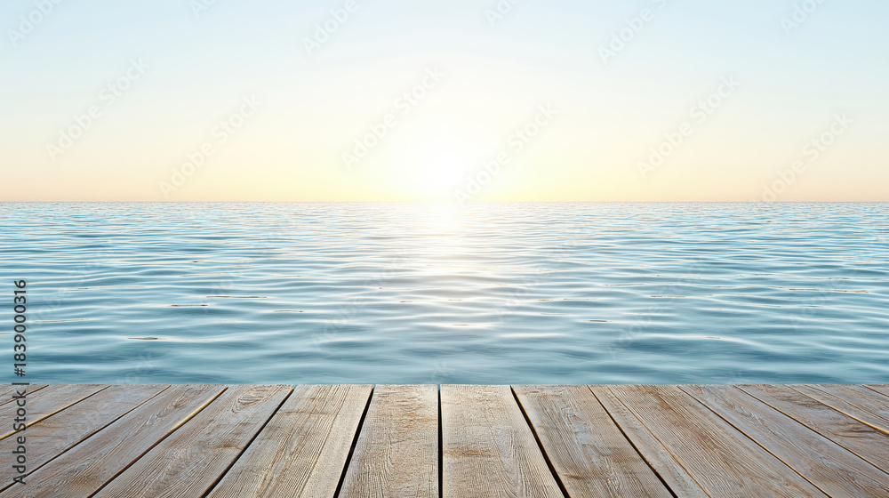 Fototapeta premium Wooden dock ocean sunrise calm horizon peaceful scene