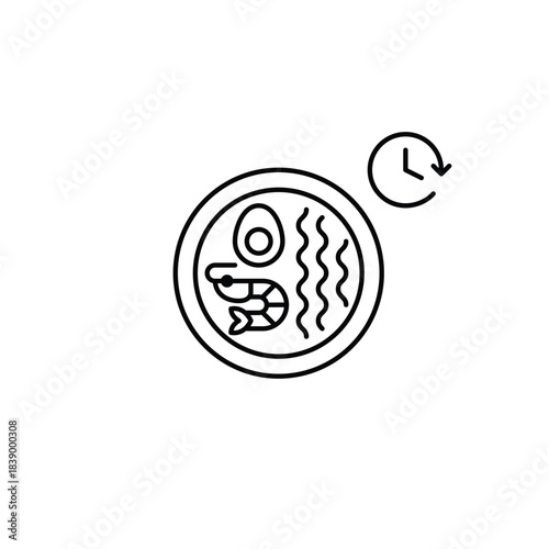 Shrimp ramen noodles dish and clock. Food scheduled delivery and meal pick-up on time. Takeaway Asian cuisine. Pixel perfect, editable stroke vector icon