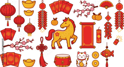 Chinese New Year 2026 Year of the Horse Vector Set. Cute zodiac mascot and festive elements isolated on white