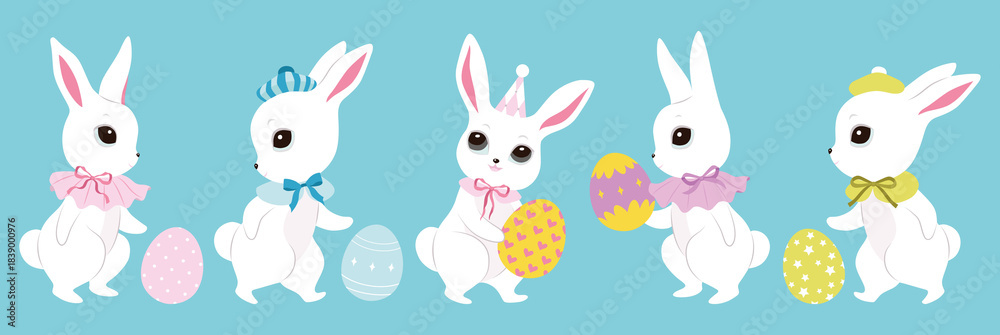 Fototapeta premium Cute white Easter bunnies, color clothes, cutie bows, pattern eggs. Spring collection. Sticker design. Set of Easter themed images including easter eggs, pretty rabbits. Happy Easter. Greeting cards