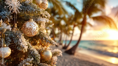 Decorating christmas tree on tropical beach at sunset
