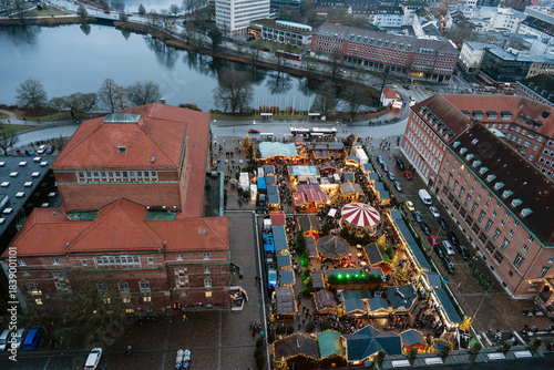 aerial view of the city and Christmas market