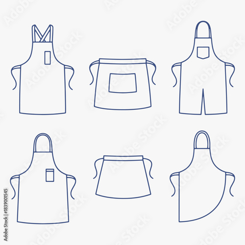 A set of aprons with various designs and pockets. The aprons are arranged in a row.