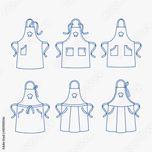 A set of aprons with various designs and pockets. The aprons are arranged in a row.