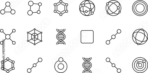 Modern scientific molecule icons set featuring atoms, DNA strands, molecular bonds, geometric chemistry structures and orbital models in clean minimal line vector style.