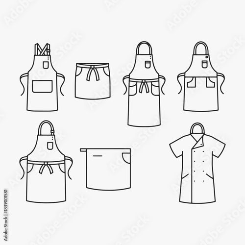 A set of aprons with various designs and pockets. The aprons are arranged in a row.