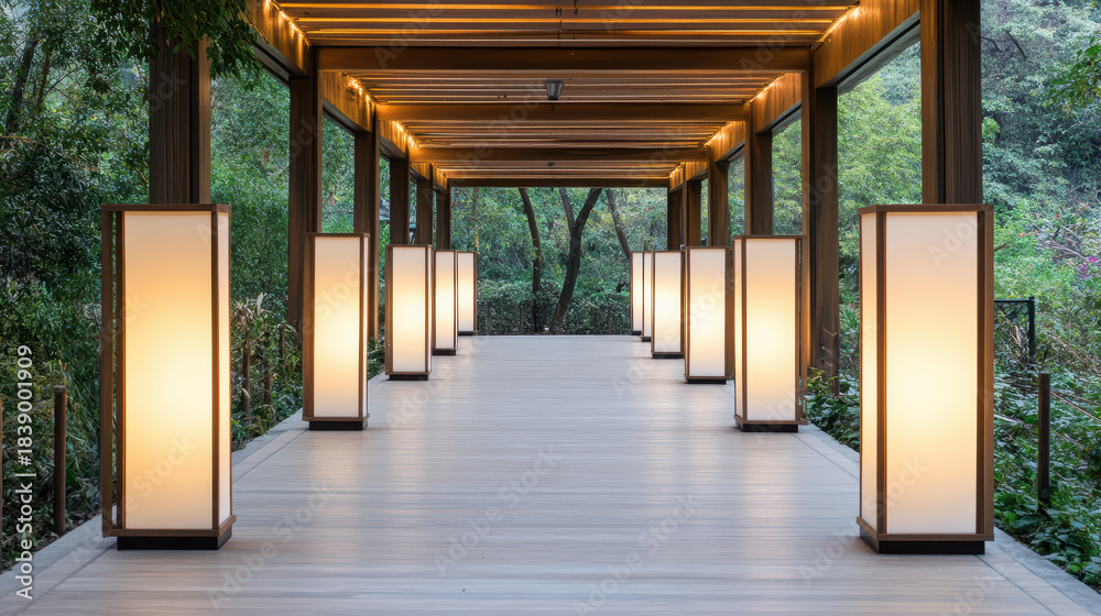 Naklejka premium Lantern walkway lantern lit walkway silhouettes blank center zone serene illuminated path
