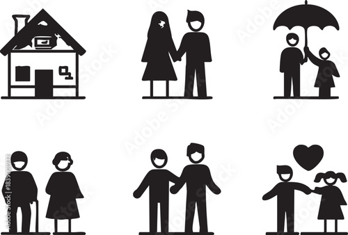 Family life stages vector icons: house, couple, elderly, lgbt, love eps silhouette