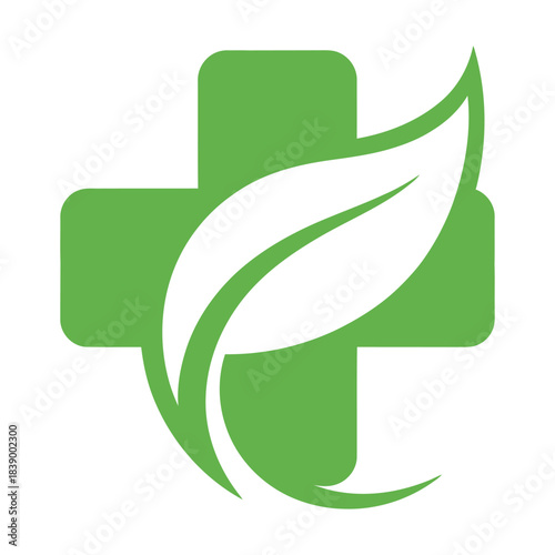 Herbal medical cross leaf symbol logo