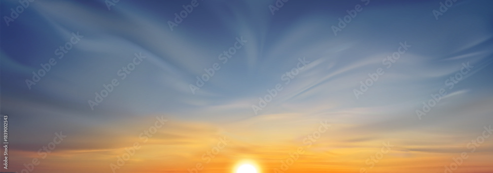 Naklejka premium Realistic sunset sky with clouds, sun going down on horizon. Vector illustration of beautiful natural background, dramatic sunrise above sea or field, beautiful yellow blue gradient, heavenly skyline