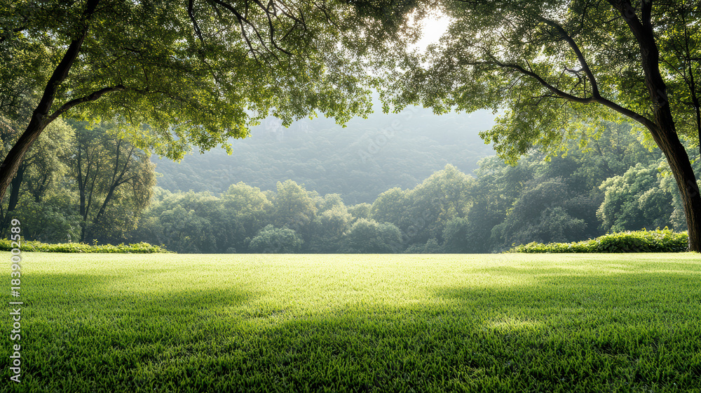Obraz premium Sunlit green meadow framed by trees with distant forest and gentle morning haze