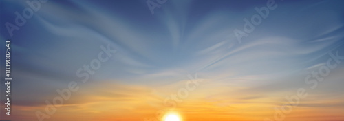 Realistic sunset sky with clouds, sun going down on horizon. Vector illustration of beautiful natural background, dramatic sunrise above sea or field, beautiful yellow blue gradient, heavenly skyline