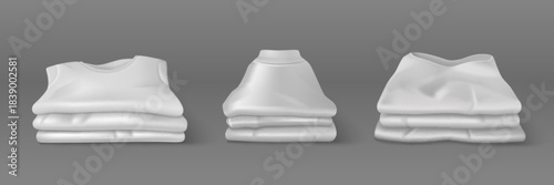 Stacks of clean white clothes isolated on background. Vector realistic illustration of neat ironed shirt, turtleneck sweater, pullover folded in piles, fresh laundry, casual cotton garments, shopping