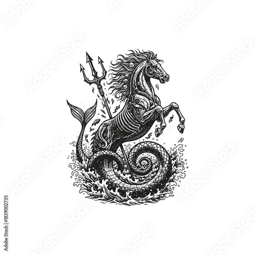 Surreal illustration of a fierce mythological sea creature, resembling a powerful Hippocampus