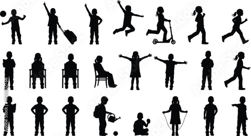 Children silhouette vector set, playful kid poses, black activity figures, childhood behavior illustration, outdoor fun design, educational lifestyle graphic