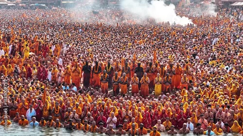 Massive Crowd Gathering on Riverbank During Kumbh Mela Festival