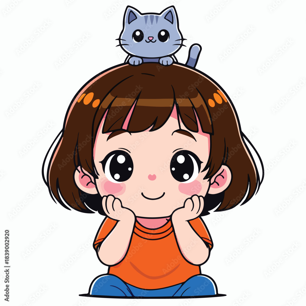 Obraz premium Cute Child with Cat on Head – Cartoon Kid in Orange Shirt and Gray Tabby Companion with Whimsical Pose