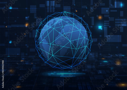 Glowing digital globe with connected network lines on a futuristic tech background. Ideal for global communication, data systems, cybersecurity, AI, and technology concepts. 