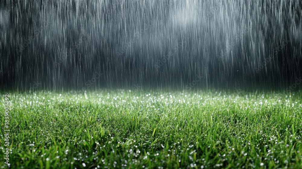 Obraz premium Green grass rain drops luminous wet field serene ambience