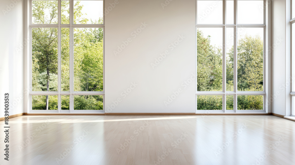 Fototapeta premium Sunlit empty room with large window and serene green view