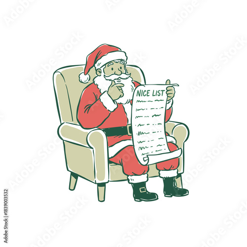 Santa checks the Nice List.Vintage Christmas character.Hand drawn Santa sitting.Checking the holiday list.Good kids naughty list concept