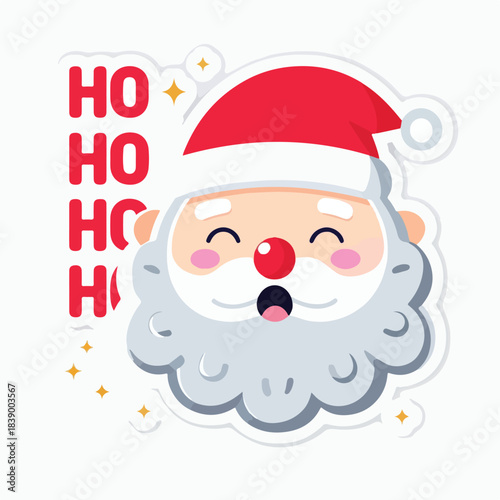 Santa Claus Face Cartoon – Red Hat, Rosy Cheeks, Joyful Expression with Vertical HO HO HO Text and Stars