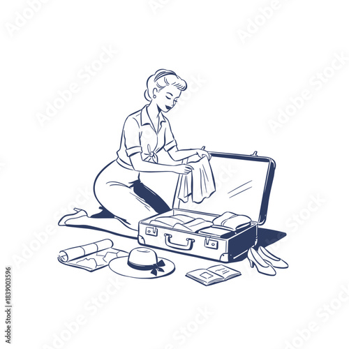 Retro woman packing suitcase.Preparing for vintage travel.Line art of lady and luggage.Vacation preparation illustration.Pinup girl packing trip bag