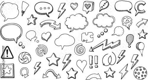 Hand drawn doodle set of various speech bubbles and design elements.