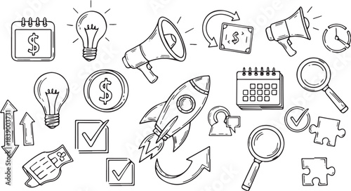 Handdrawn business and startup icons set for creative projects.