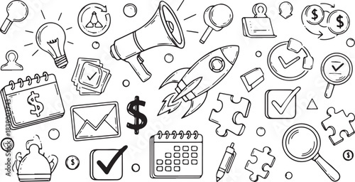 Handdrawn Doodle Icons Representing Business Marketing and Startup Concepts.