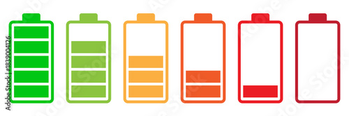 Battery Charge Level Indicator Set. Simple battery icons representing various charge levels, from full to empty, in vibrant colors. Ideal for energy, technology, or power related concepts. PNG. Vector