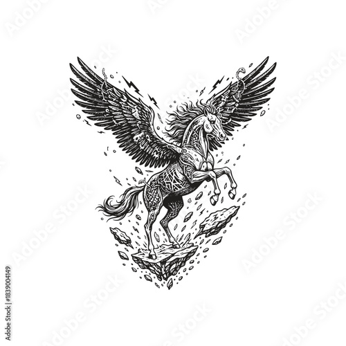 Surreal illustration of Pegasus, the mythological winged horse, rendered in a striking dark fantasy style