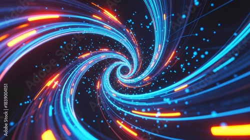 A vibrant, swirling pattern of blue and red lights creating a dynamic, abstract visual representation of energy and motion.
