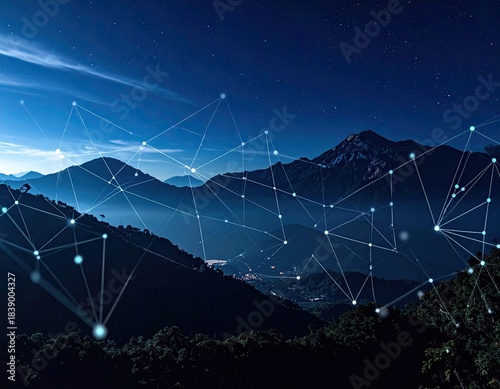Wallpaper Mural Dark night mountain range with white connected lines overlay depicting technology Torontodigital.ca