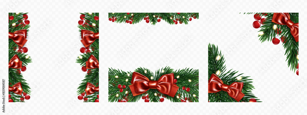 Fototapeta premium Christmas wreath frames set isolated on transparent background. Vector realistic illustration of xmas card borders and corners decorated with fir tree garland, red ribbon bow, holly berries, lights