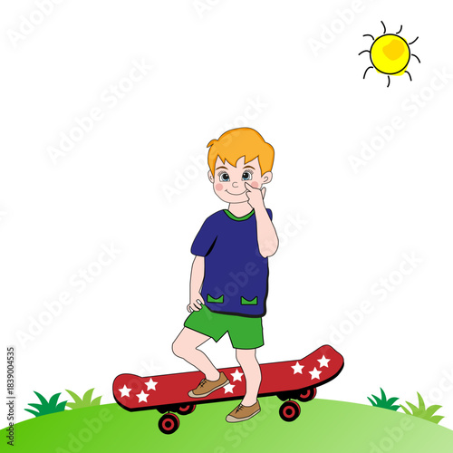 Niño feliz montado en un skate.