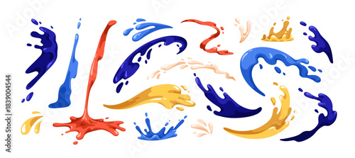 Liquid splashes, juice splatters set. Juicy squirts, fluid shapes, spray and spatter in movement. Paint, syrup, drink in flowing forms with drops. Flat vector illustration isolated on white background