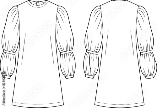 Women's stylish gathered puff long sleeve tunic dress fashion flat technical CAD drawing vector illustration, contemporary chic apparel.