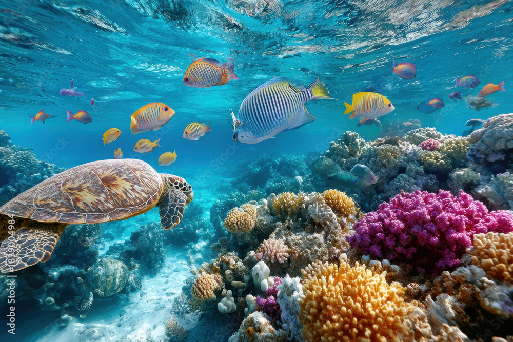 Naklejka premium Sea Turtle and Colorful Fish Swim Over Coral Reef