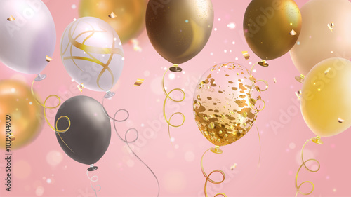 Birthday card with air balloons and golden confetti flying on pink background. Vector realistic illustration of yellow, silver, white helium balls, holiday party decoration, anniversary sale banner