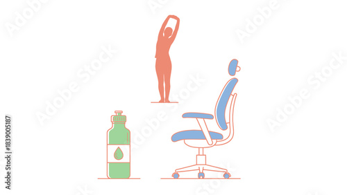 Office Wellness - Stretching, Hydration, and Ergonomic Chair for Health.