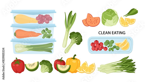 Clean Eating Concept - Fresh Vegetables and Fruits in Containers.