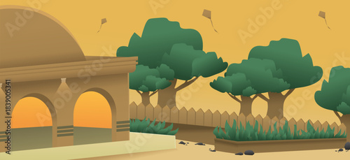 Minimalist mosque illustration with surrounding views, kites, and courtyard.