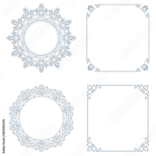 Set of decorative frames Elegant vector element for design in Eastern style, place for text. Floral gray and white borders. Lace illustration for invitations and greeting cards