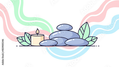 Spa Still Life with Stones, Candle, and Leaves for Relaxation.