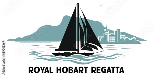 Royal Hobart Regatta Sailing Illustration  Yacht, Skyline And Ocean Waves