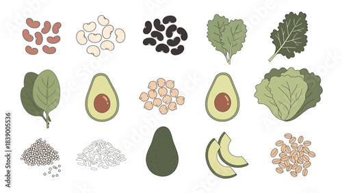 Assortment of Healthy Vegan Foods - Beans, Greens, and Avocados.