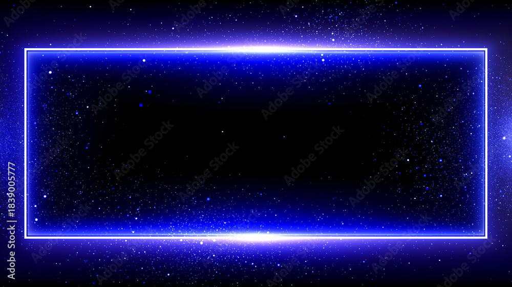 Obraz premium Neon blue rectangular frame with glowing edges and cosmic particle background. Futuristic and sci-fi style, ideal for digital banners, tech branding, and multimedia design templates.