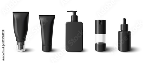 Black skincare bottle mockups set isolated on white background. Vector realistic illustration of 3d cosmetic containers, plastic tube, pump container, dropper for beauty care serum, cream, gel, soap